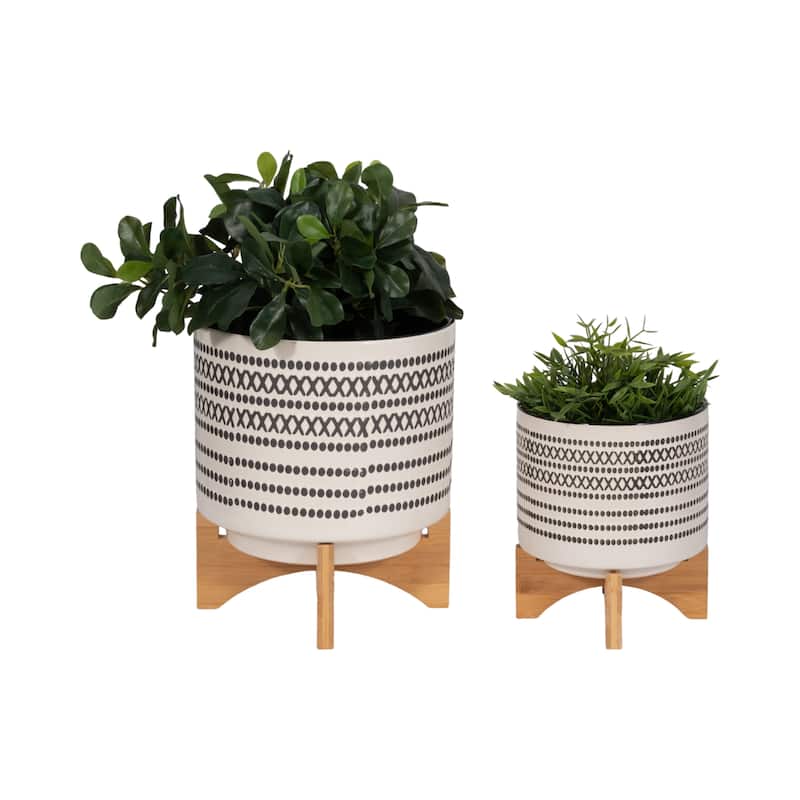 Off-white and Grey Ceramic Planters on Wood Stands (Set of 2) - 10" x 10" x 12"