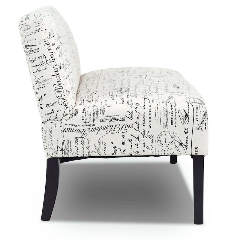 Modern Loveseat Sofa with Off-White Cursive Pattern Upholstery and Black Wood Legs - 50" x 28" x 30.5" (L x W x H)