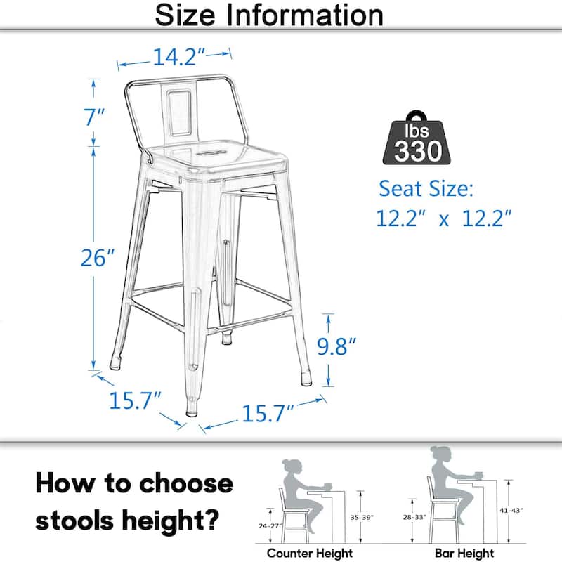Metal Bar Stools Set of 4,Bar Stool with Low Back for Indoor/Outdoor Barstools