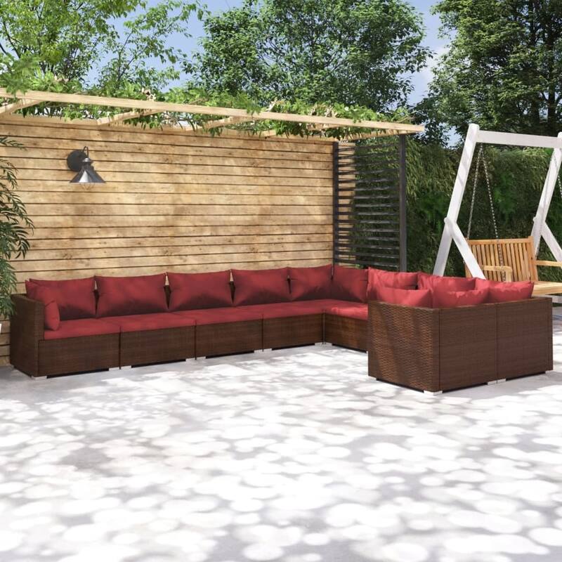 vidaXL Patio Lounge Set Outdoor Sectional Sofa Set Table Garden Poly Rattan - 27.6" x 27.6" x 23.8" - Brown/Cinnamon red 9 Piece