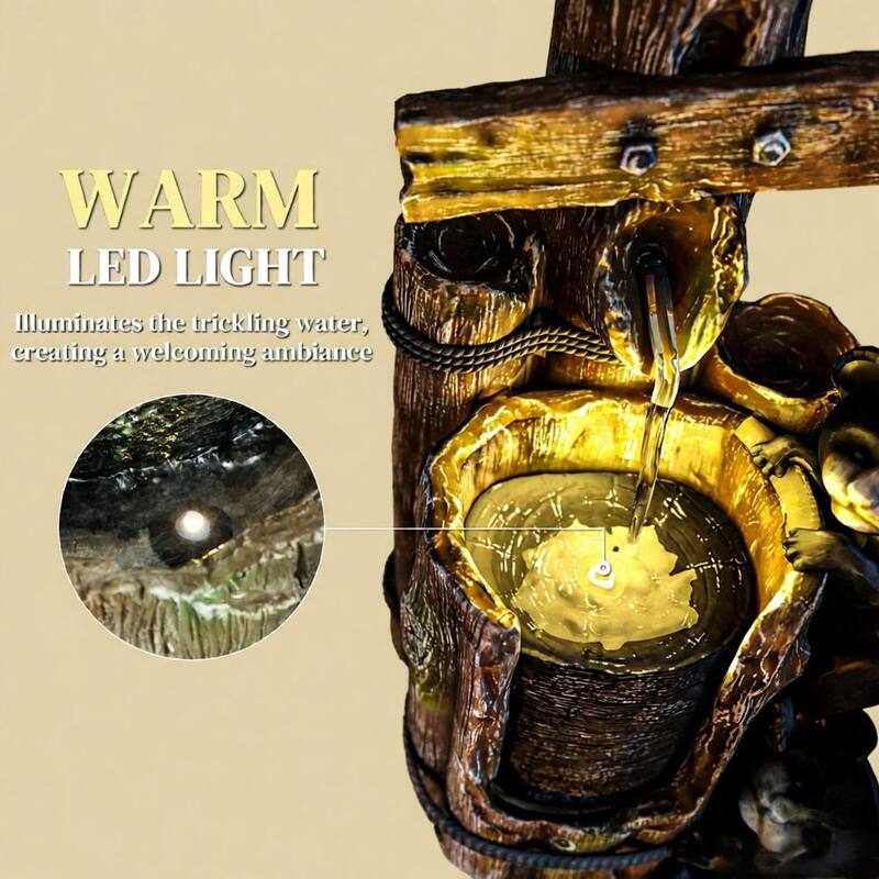 3-Tier Resin Bears on Log Outdoor Waterfall Fountain,Water Fountain with LED Lights, Pump