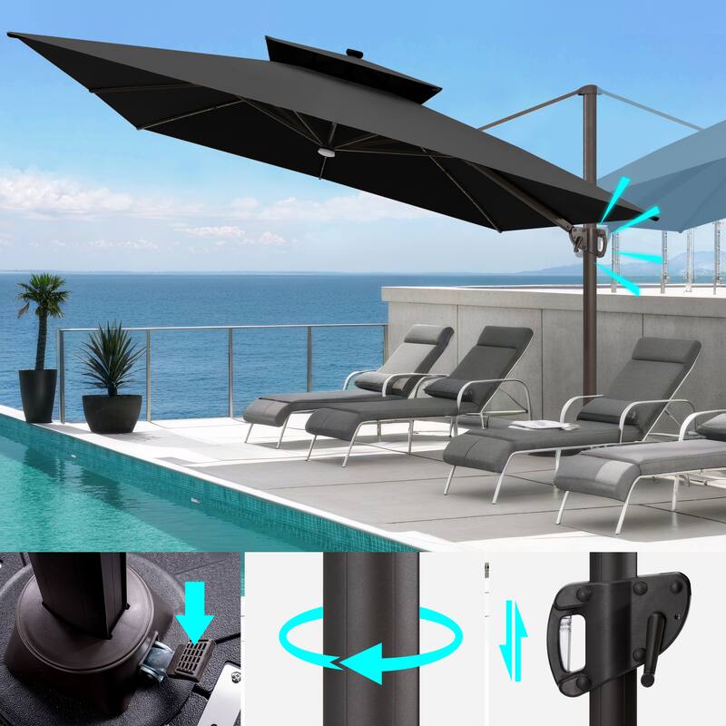 VredHom 11X11 FT Outdoor Square Cantilever Patio Umbrella Aluminum Solar LED Light with HDPE Base