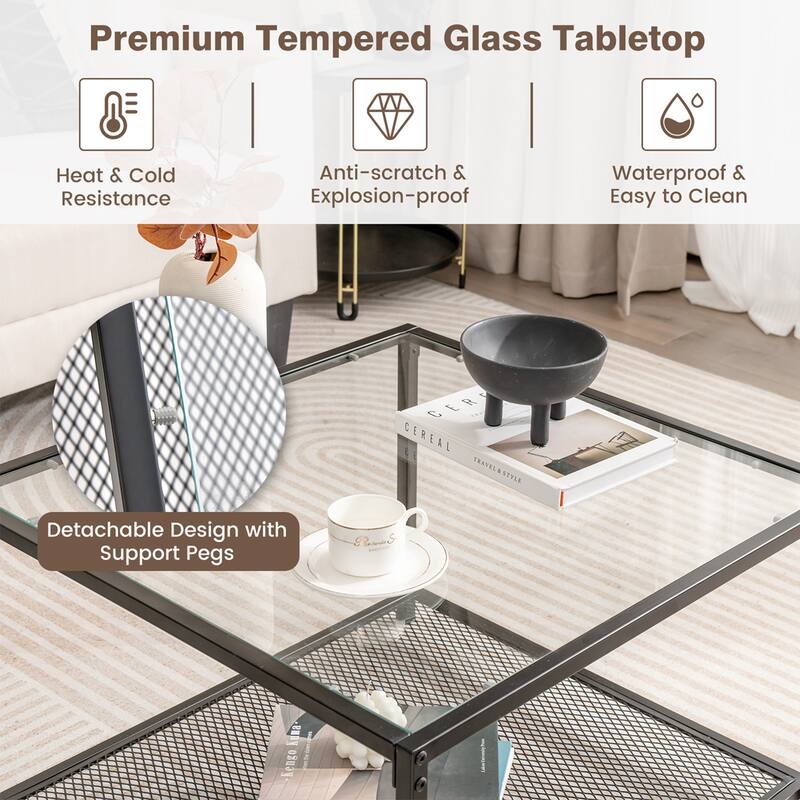 Costway Glass Coffee Table 27.5 Inch 2-Tier Square with Mesh Shelf - See Ddetails