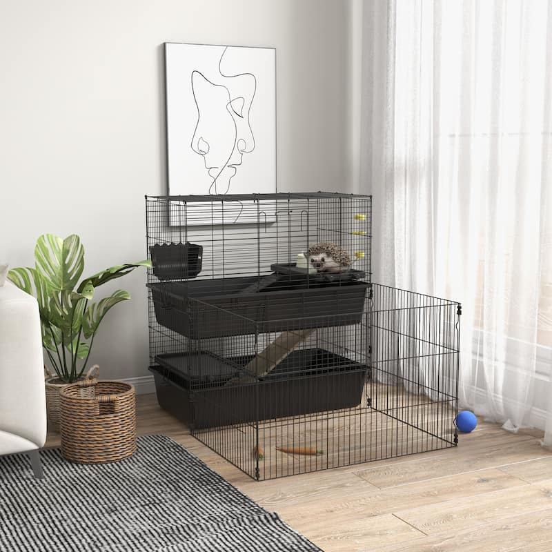 PawHut Small Animal Cage with Playpen, Multi-level Pet Habitat Indoor for Guinea Pigs Hedgehogs Bunnies with Accessories