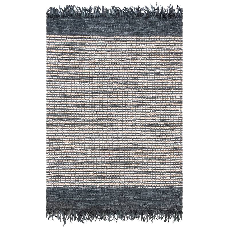 SAFAVIEH Handmade Vintage Boho Leather Zhanna Modern Stripe Leather Rug with Fringe