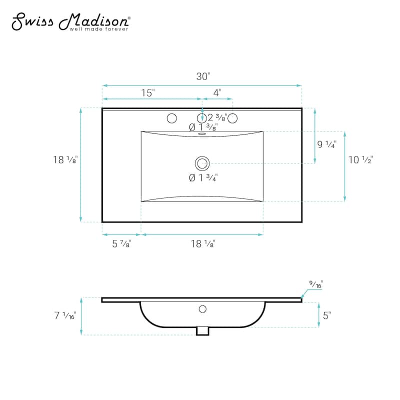 30" 3-Hole Widespread Vanity Sink Top In Glossy Black - 30