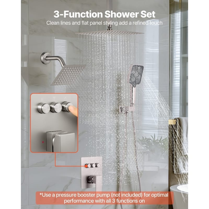Brushed Nickel Rainfall Shower System with 3-Function Handheld and Overhead Adjustable Spray - Brushed Nickel