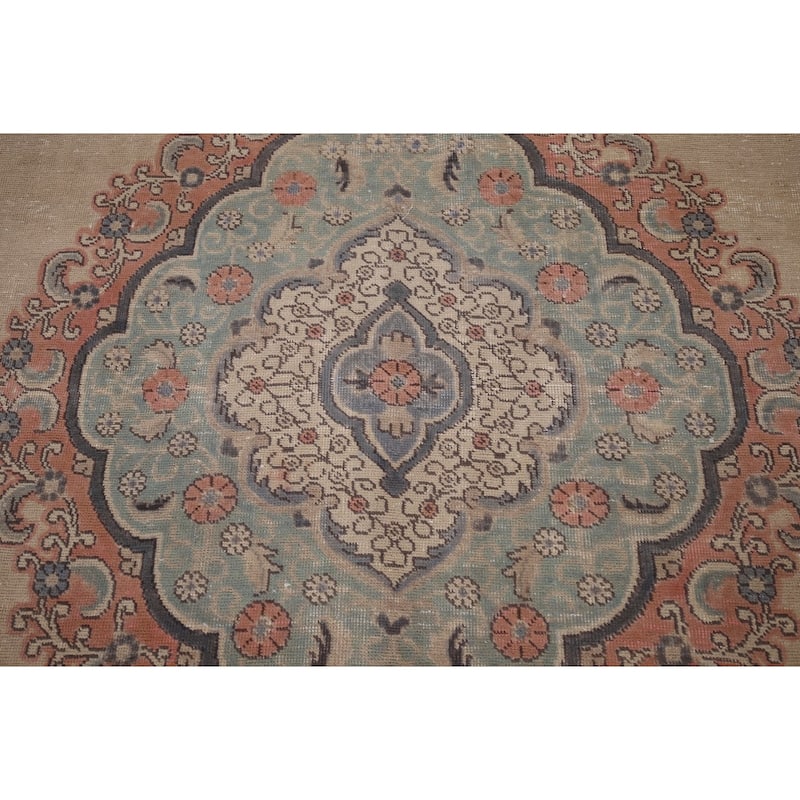 Distressed Tabriz Persian Vintage Area Rug Handmade Beige Wool Carpet - 7'10" x 11'1"