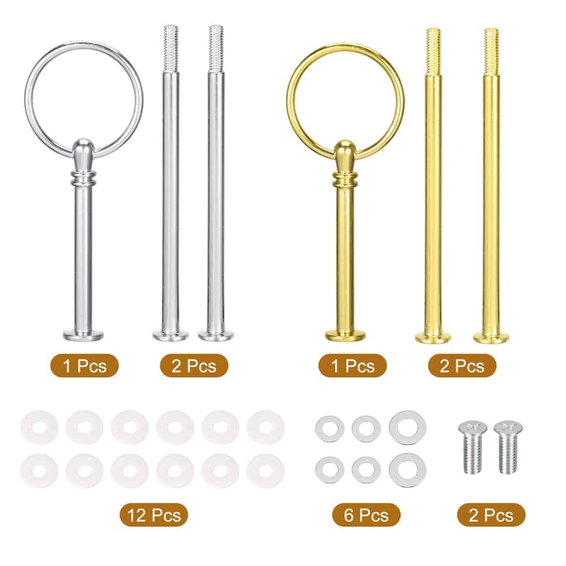 2 Sets Cake Tray Stand Handle Cupcake Dessert Plate Hardware Fitting Holder Rod Stand Handle, 3-Tiers Round Gold/Silver