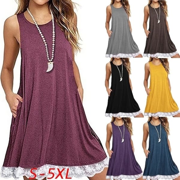 Shop Women S Fashion Plus Size Casual Lace Stitching Sleeveless Cotton Tunic Swing T Shirt Dress With Pockets Overstock 27897251