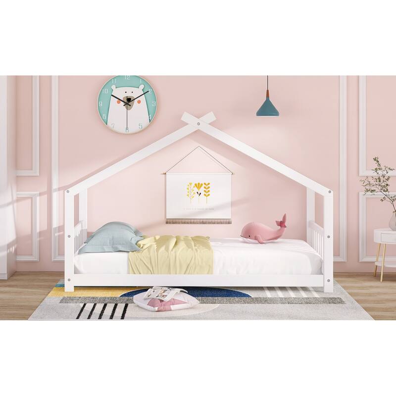 Twin Size White Wooden House Bed with Roof for Kids