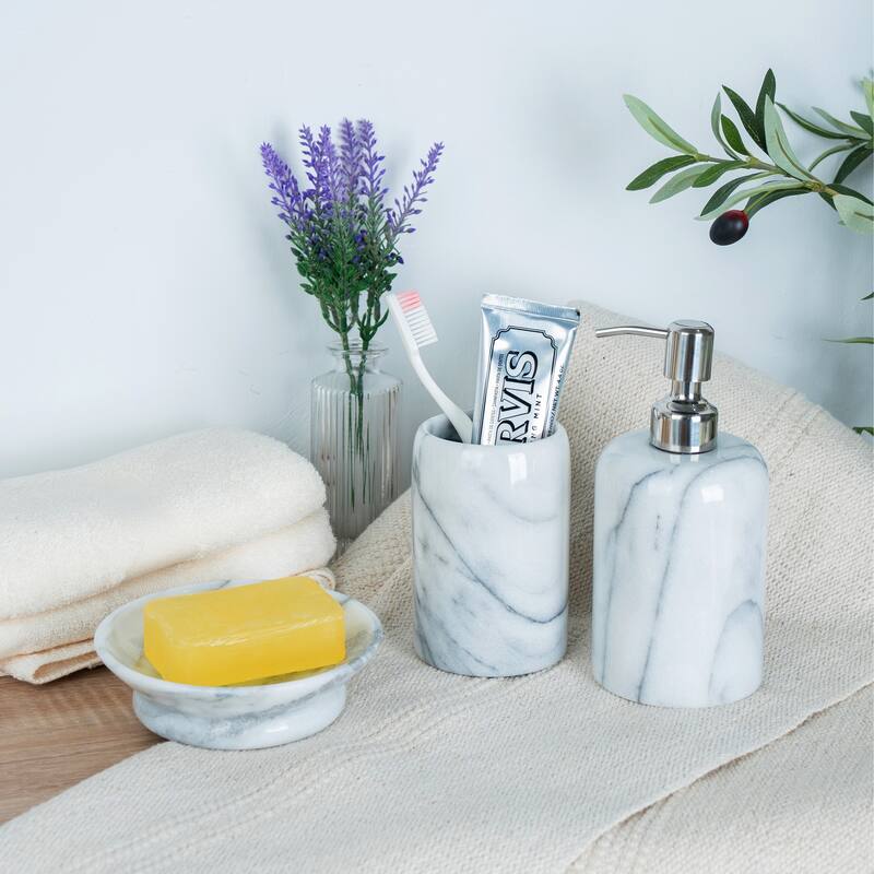 Creative Home Spa Collection White Marble Tumbler, Toothbrush Holder, Makeup Brush Organizer