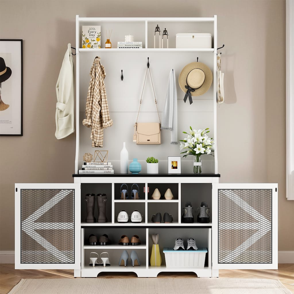 Pocassy 77" H Entryway Coat Rack Freestanding with 9 Shoe Cubbies