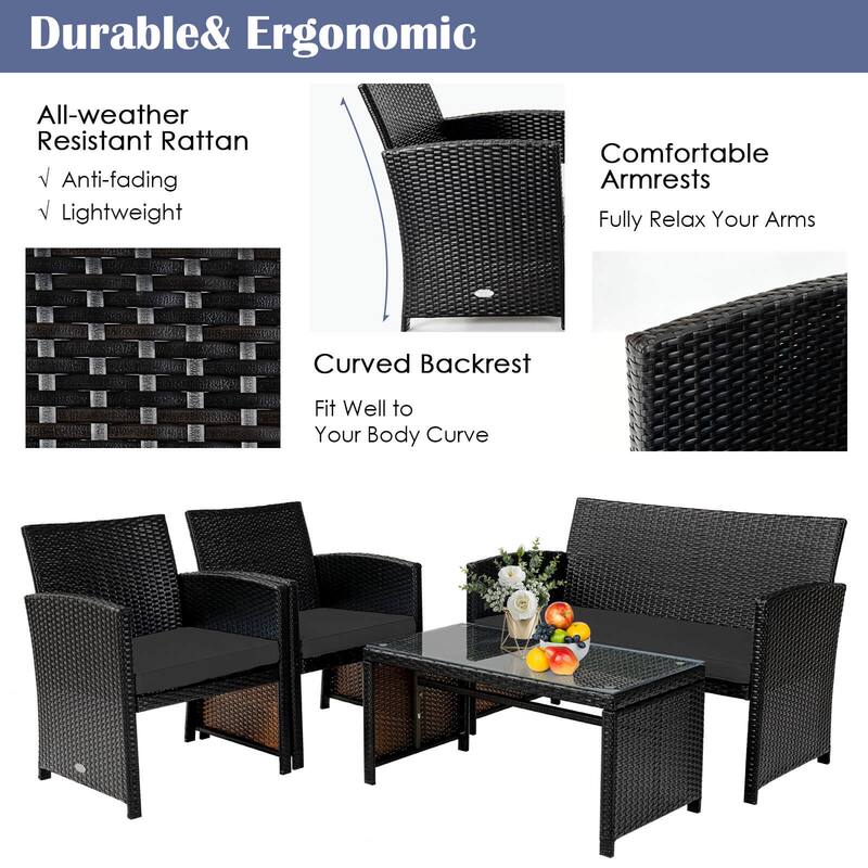 Gymax Set Of 4 Patio Rattan Furniture Set Cushioned Chair Sofa Table