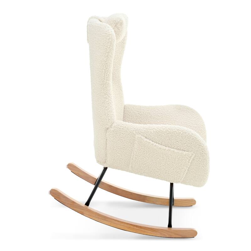 Polyester Glider Chair with Adjustable Headrest and Storage Pocket, Rubber Wood Base