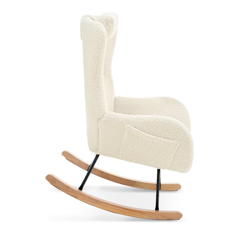 Teddy Upholstered Rocking Chair with High Back, Adjustable Headrest, Side Pocket, Modern Glider Chair for Nursery & Living Room