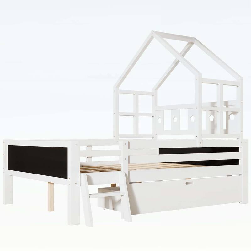 House Bed with Ladder and Storage Drawers,No Box Spring Needed