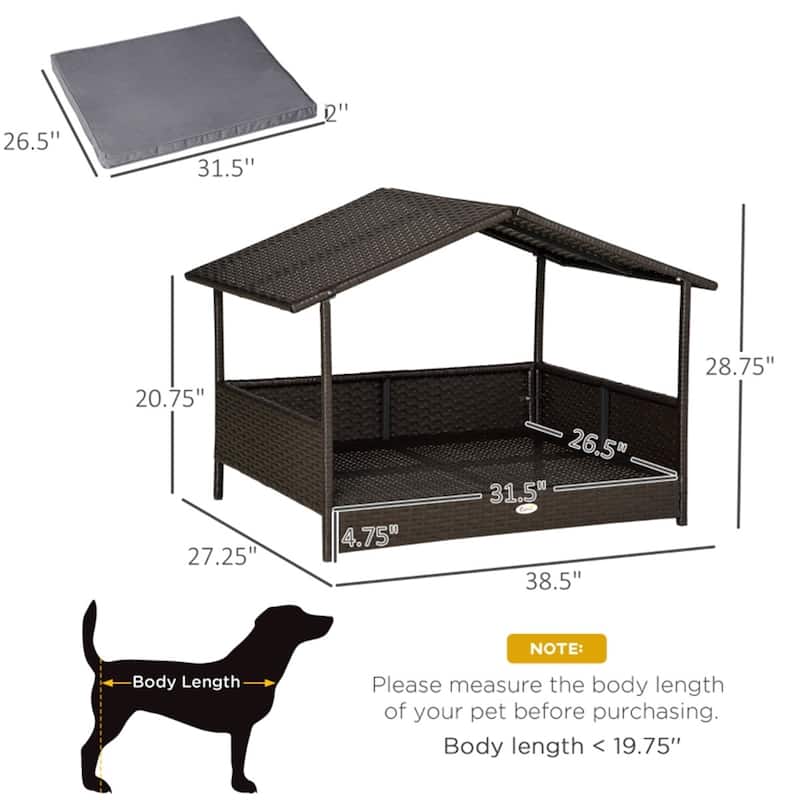 Elevated Rattan Dog Bed with Soft Cushion, Anti-Slip Pads, Ideal for Small to Medium Dogs - 38.5" L x 27.25" W x 27.5" H