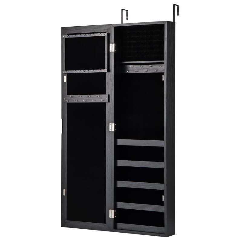 Wall Mounted or Door Hanging Jewelry Cabinet with Full Length Mirror and Large Storage Organizer Black - 12.5” x 3.7” x 42”