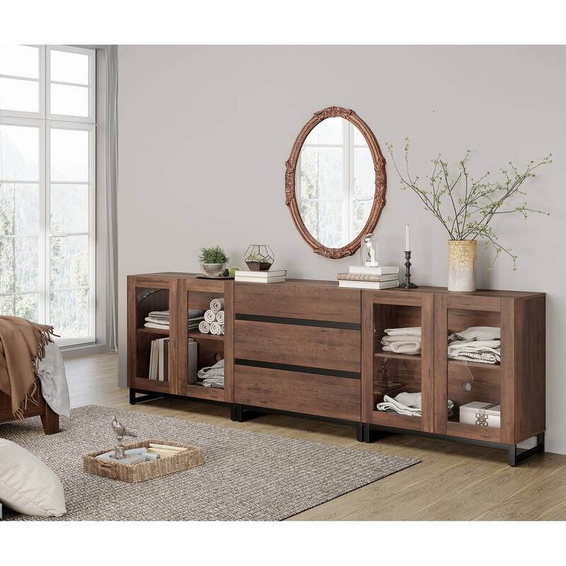 WAMPAT 3 in 1 Modern Dresser with Glass Doors and 3 Drawers, Chest of Drawers for Bedroom