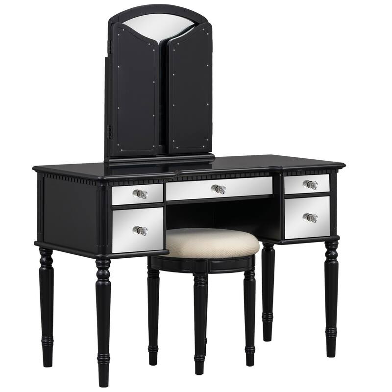 43-Inch Makeup Vanity Set with Adjustable Tri-fold Mirror, Mirrored Drawers, and Soft Cushioned Stool