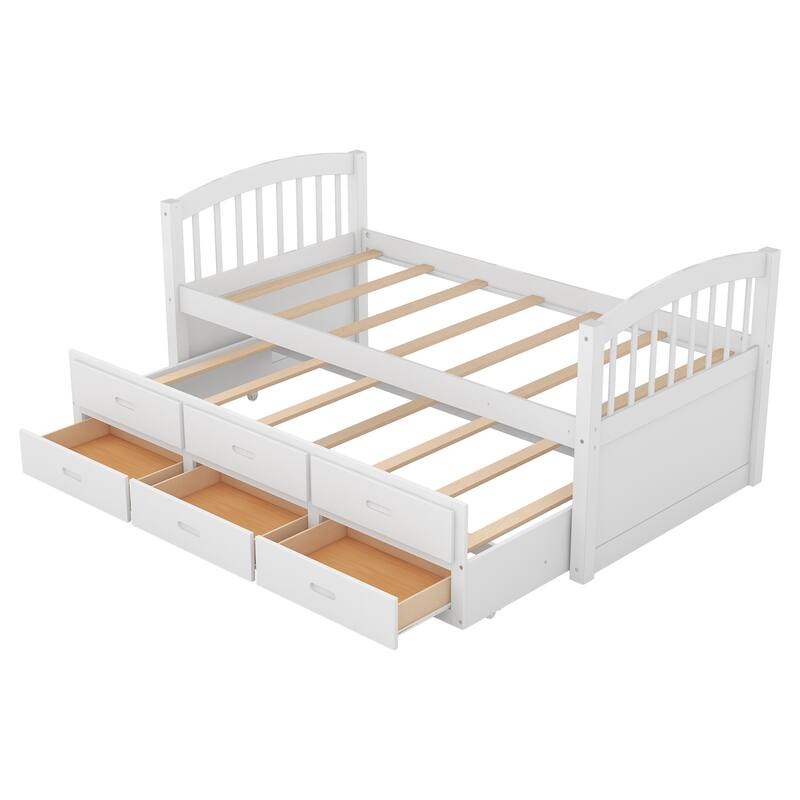 Twin Over Twin Wood Bunk Bed with Trundle and Drawers, White