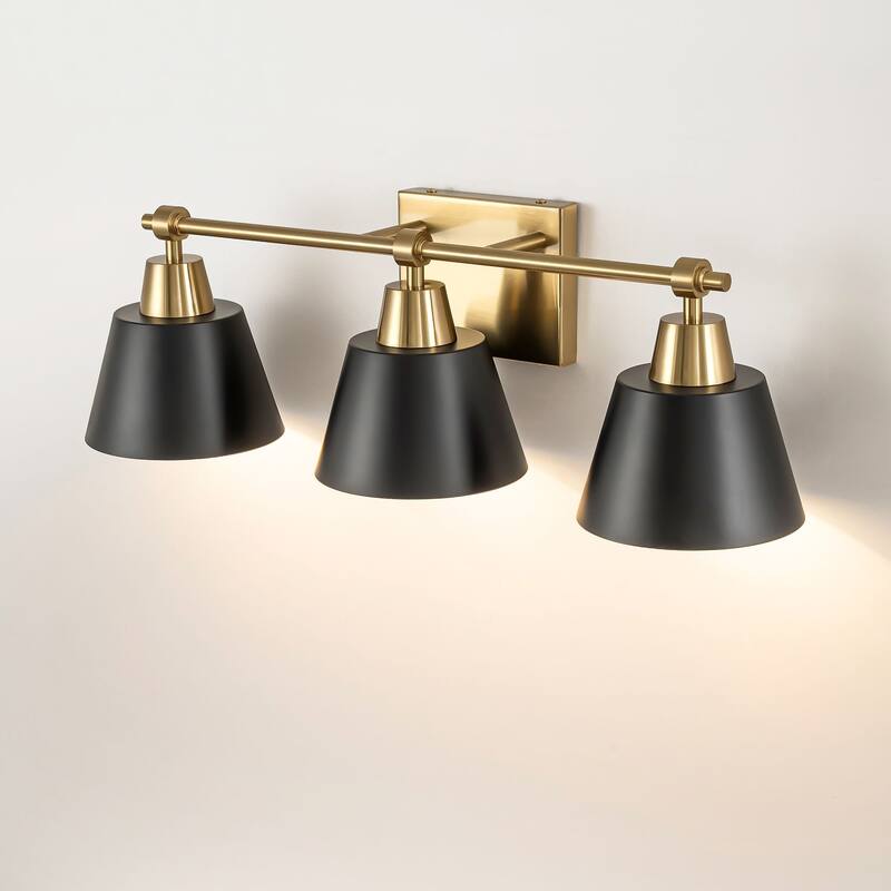 3-Light Vintage Industrial Black & Gold Metal Linear Cone Bathroom Vanity Light - 24.61 in. W x 7.68 in. H x 7.09 in. D
