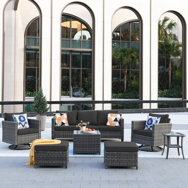 OVIOS 7-piece Patio Furniture Wicker Set with Swivel Rocking Chairs - Black