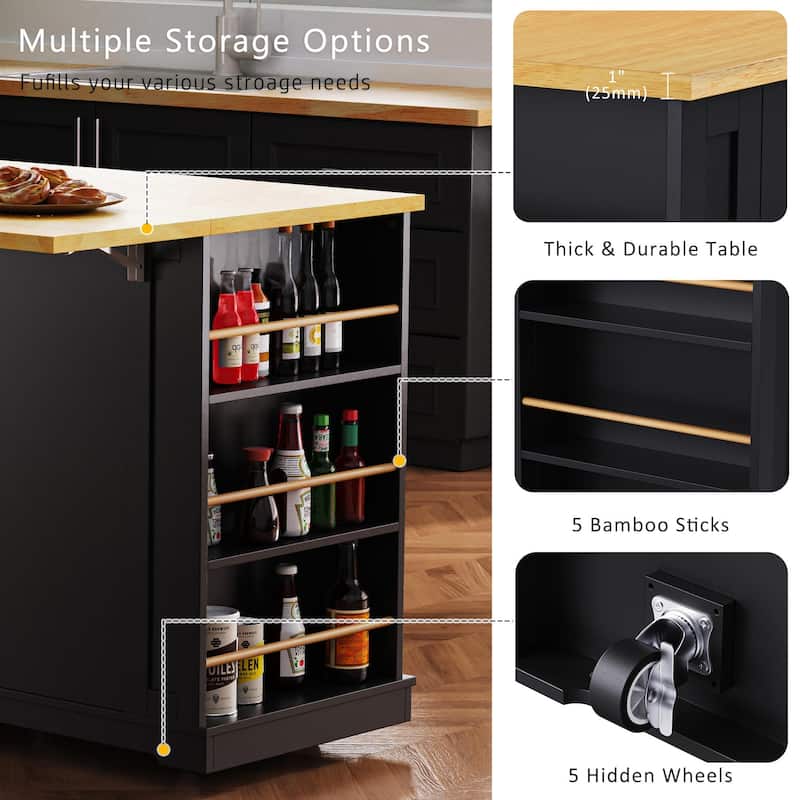 Large Kitchen Island with Drop Leaf,Power Outlet,Door Internal Storage Rack,3 Drawers(Not include bar stools) - N/A