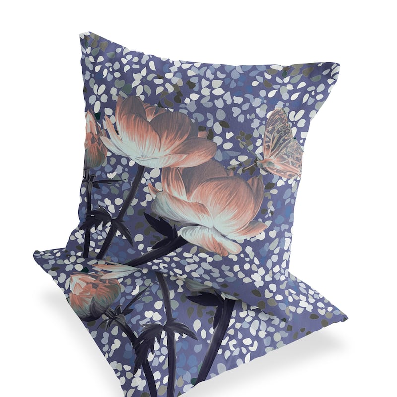 HomeRoots Set of Two 16" X 16" Blue and Gray Butterfly Blown Seam Floral Indoor Outdoor Throw Pillow - 16.00' X '16.00' X '5.00