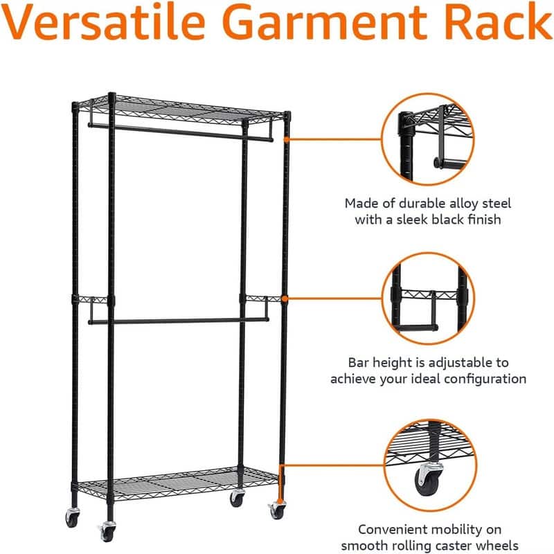 Double Hanging Rod Garment Rolling Closet Organizer Rack