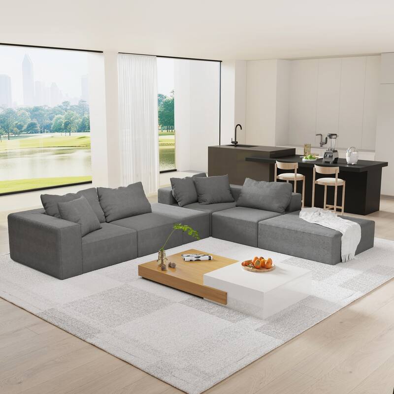 L Shaped Modular Sectional Sofa with Ottoman, Oversized Chenille Upholstered Boneless Sofa, Compression Sofa with 6 Pillows