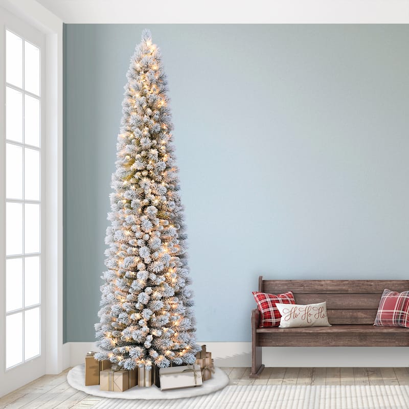 Puleo International 6.5' Pre-Lit Flocked Portland Pine Pencil Artificial Christmas Tree