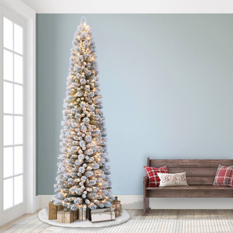Puleo International 6.5 ft. Pre-Lit Flocked Pine Pencil Artificial Tree