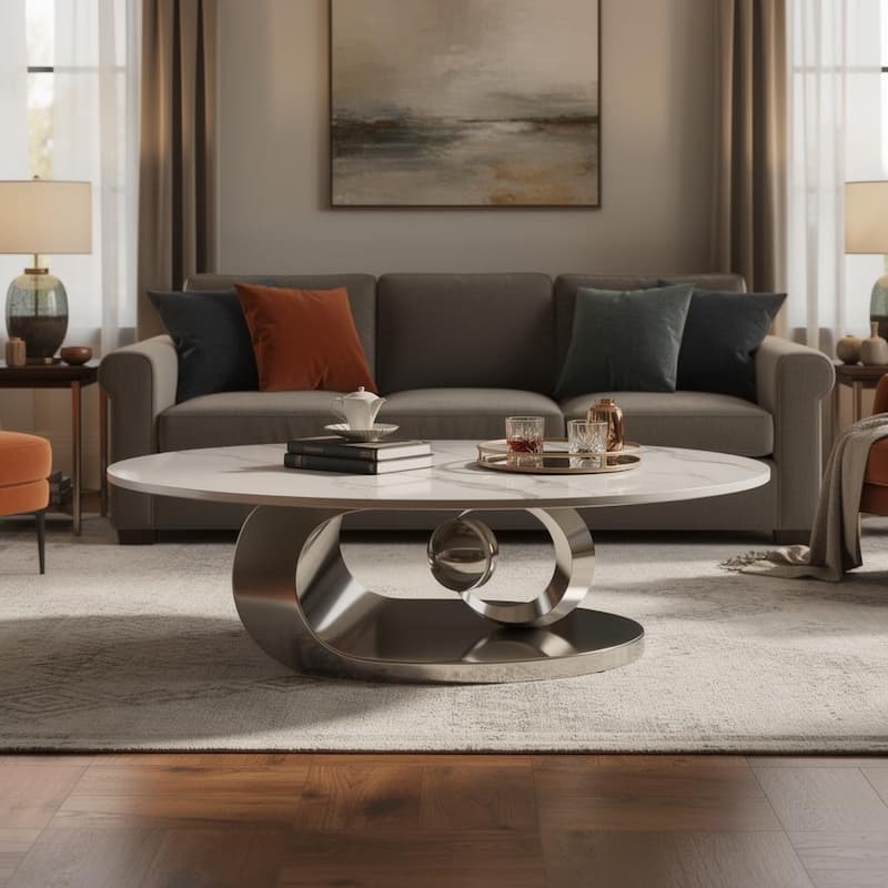 Homy Casa Luxury Oval Coffee Table, High-Gloss Faux Marble Top, Electroplated Brushed Stainless-Steel Sculptural Christmas Gift