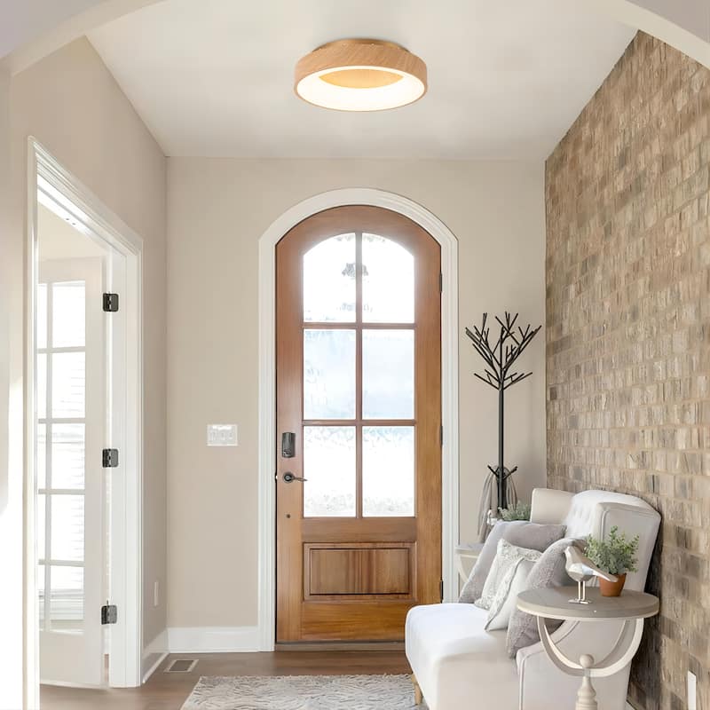 1-light 15.7 in. Modern Farmhouse Metal Wood Grain Round Dome Dimmable Integrated LED Flush Mount Light - 15.7 in. W x 3.9 in. H