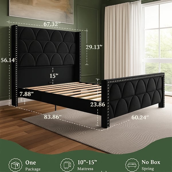 dimension image slide 0 of 2, Hansabenne Solid Wood Bed Frame Queen and King Platform Bed Frame with Headboard White and Gray