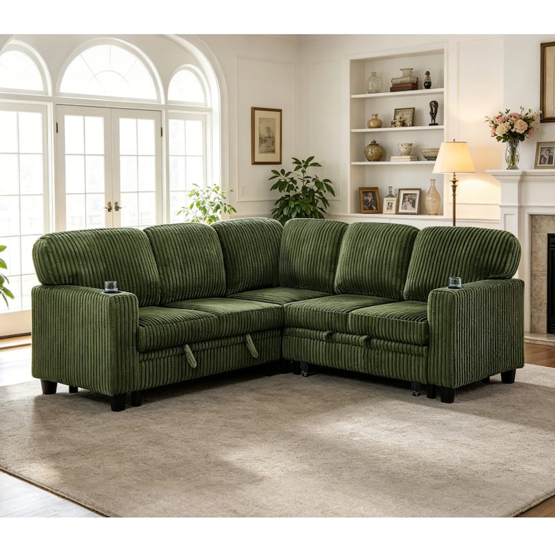 GDFStudio - Modern 5-Seat Sectional L-Shaped Sofa with Pull-Out Sleeper Bed, Storage, Cup Holder & USB Charging - 81"W