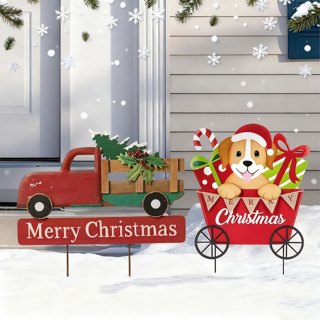 Glitzhome Christmas 24"H Metal Truck Yard Stake Dog with Gift Cart Xmas Wall Decor