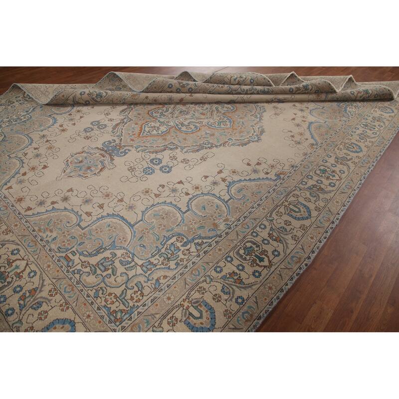 Hand Knotted Oriental 100% Wool Carpet Traditional Medallion Beige & Ivories Tabriz Area Rug - 13' 0'' X 9' 7''