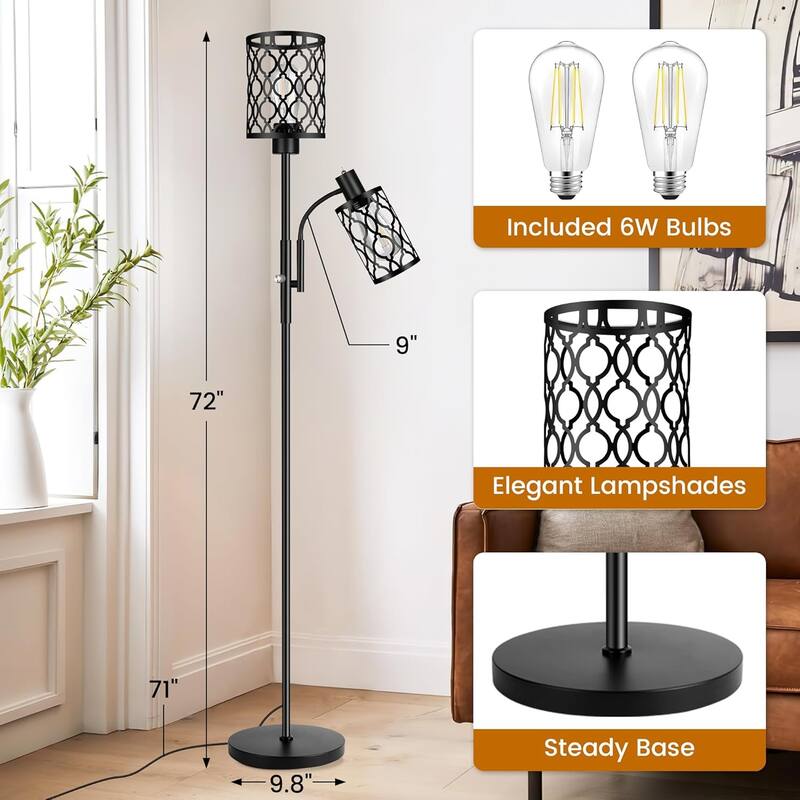 72" Farmhouse Floor Lamps, Floor Lamp with Adjustable Reading Lamp, 2-Light Tall Standing Lamps with 2 Edison Bulbs, 6W