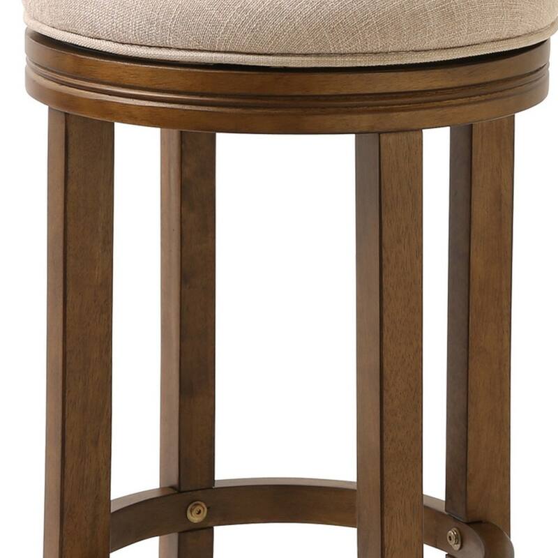 25-Inch Swivel Counter Height Bar Chair with Cream Linen Fabric and Brown Wood Frame Backless Seat - 26”H x 17”W x 17”D