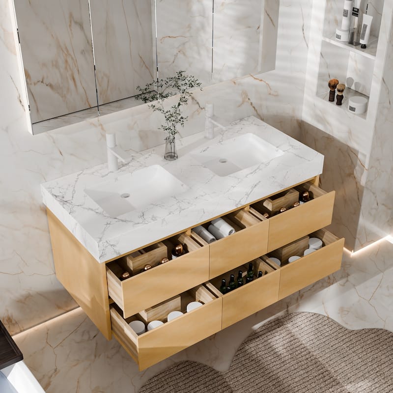 Modland 48" Wall-Mount Double Vanity with LED Lights & 6 Soft-Close Drawers - Engineered Stone Top, Maple Finish - 48 inch