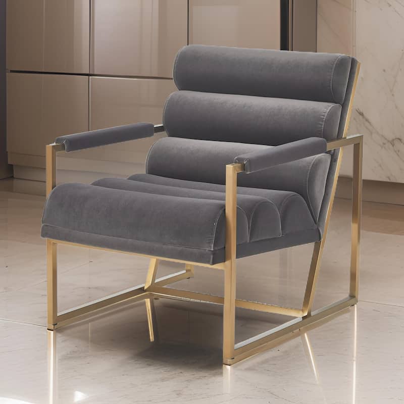 Cid Dave 27 Inch Accent Chair, Tufted Gray Velvet, Square Steel Legs, Brass