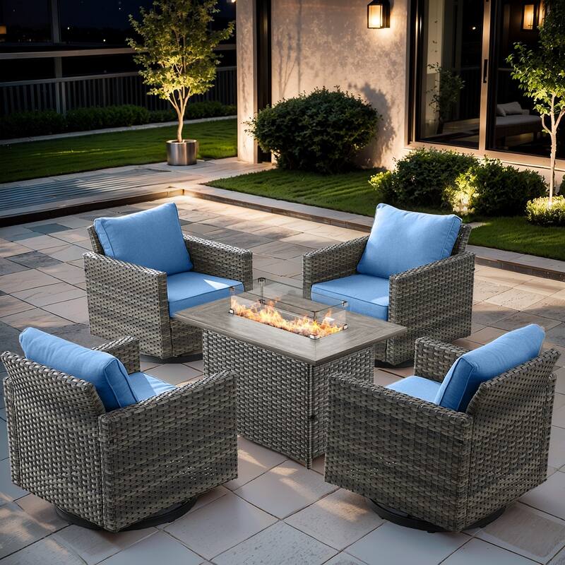 4 Pieces Swivel Chair with Fire Pit Table - Grey - Blue