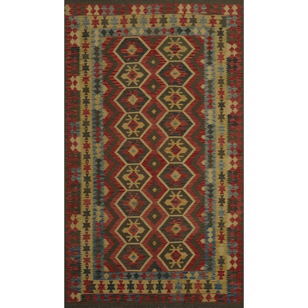 Hand Woven Oriental 100% Wool Carpet Southwestern Tribal Red Kilim Area Rug - 9' 10'' X 6' 6''