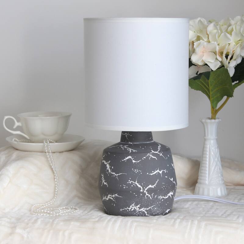 Modern Ceramic Table Lamp with Fabric Drum Shade Compact Marble Inspired Design - 7.09” x 7.09” x 13.30”
