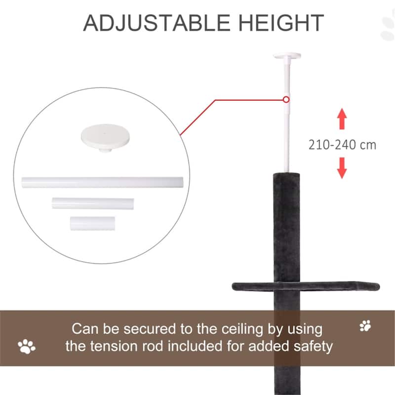 Grey-Black Multi-Level Cat Tree with Adjuastable Height and Long Lasting Plush Covers - 16.25" L x 16.25" W x 86.5"-96.5" H