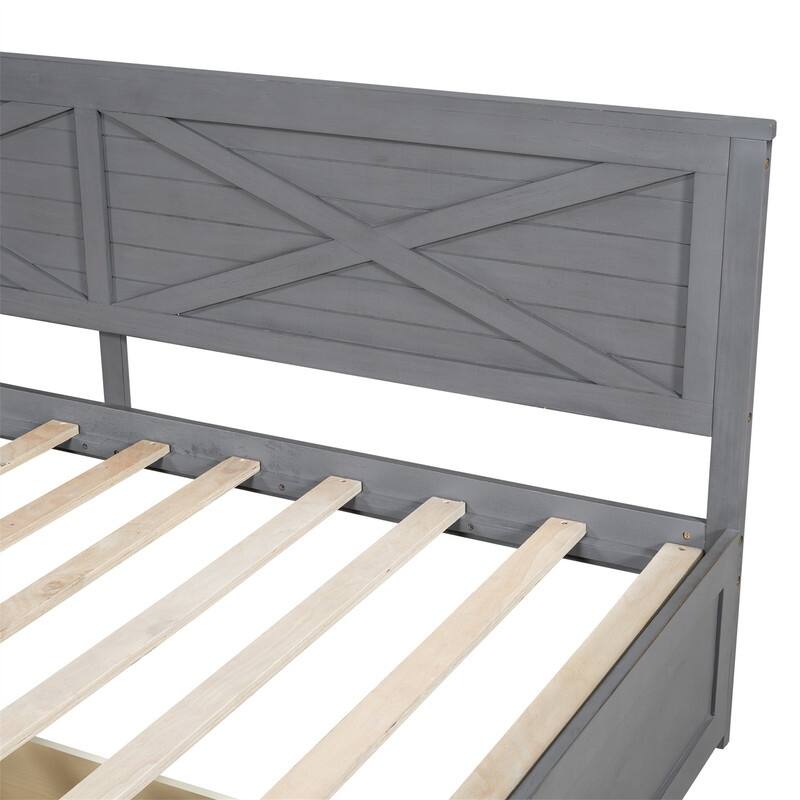 Twin Size Daybed with 2 Storage Drawers and Rustic Guardrail, Solid Wood Daybed Frame Sofa Bed with L-Shaped Headboard
