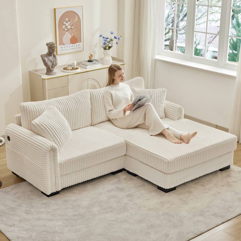 2-Seater L-Shaped Chaise Sofa with Reversible Cushion , USB-C Charging Port, Storage Pocket, Convertible Left/Right Design - Beige